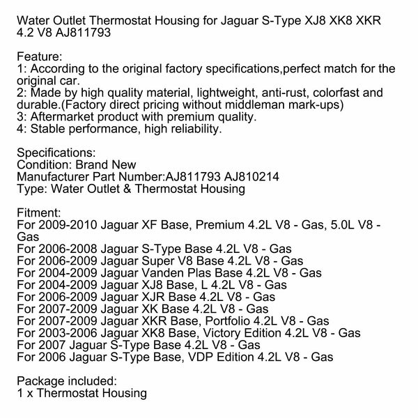 2006-2009 Jaguar Super V8 Base 4,2 L V8-Gas Boîtier de thermostat de sortie d'eau AJ811793 AJ810214 générique