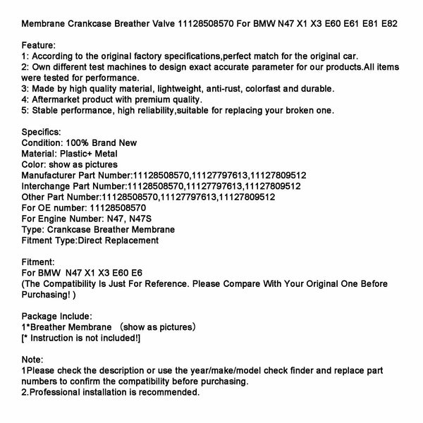 Válvula de respiro do cárter da membrana de BMW N47 X1 X3 E60 E61 E81 E82 11128508570 genérica