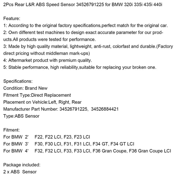 BMW 320i 335i 435i 440i 2Pcs Rear L&R ABS Speed Sensor 34526791225 Generic