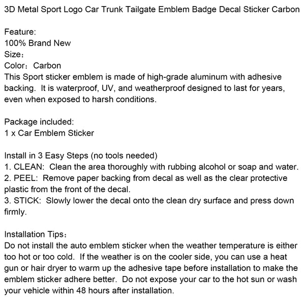 3D Metal Sport Logo Car Trunk Tailgate Emblem Badge Decal Sticker Carbon Generic