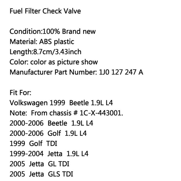 99-05 Beetle Golf Jetta New 1.9 TDI Diesel Fuel Filter Check Valve Generic