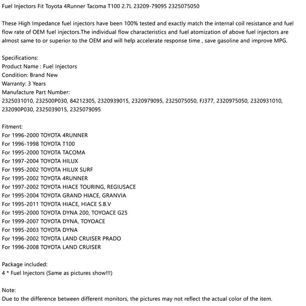 1995–2000 Toyota Tacoma 4 Stück Einspritzdüsen 23209–79095 2325075050 232090P030 2325039015 Generisch